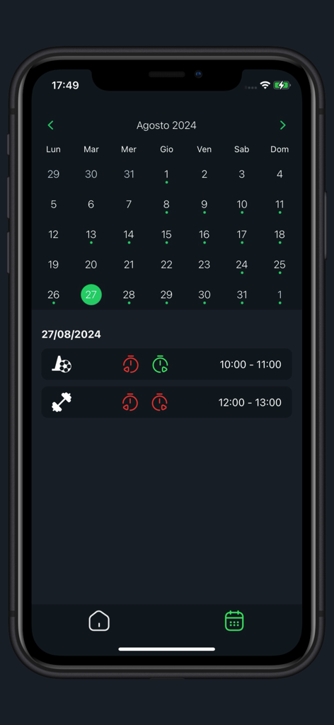 Kama.Player - アスリートのためにスケジュールされたサッカーとウェイトリフティングのトレーニングセッションが表示された月間カレンダーのモバイルアプリインターフェース。
