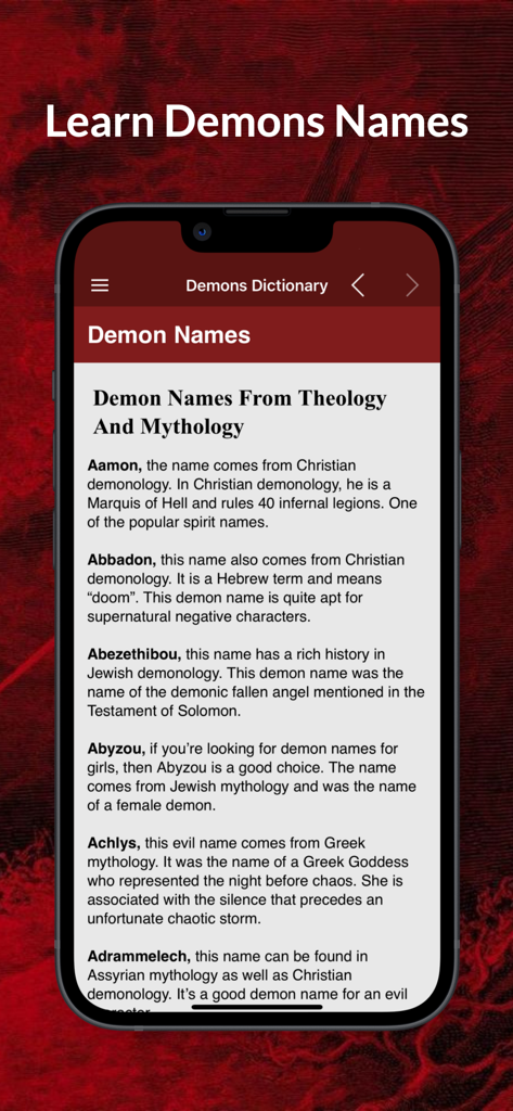 A list of demon names with their mythological and theological descriptions in the Demons Dictionary app.