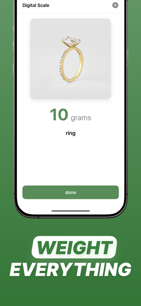 Scale For Grams: Weighing AI - Mobile app interface showing the weighing of a gold ring at 10 grams using AI technology