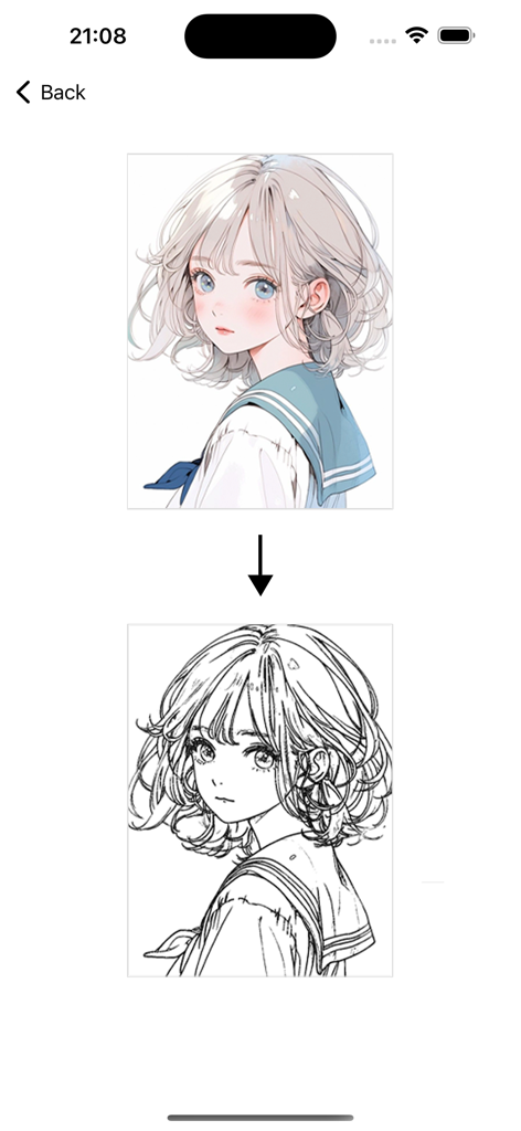 Comparison showing a colored anime illustration converted into a clean black and white line art sketch