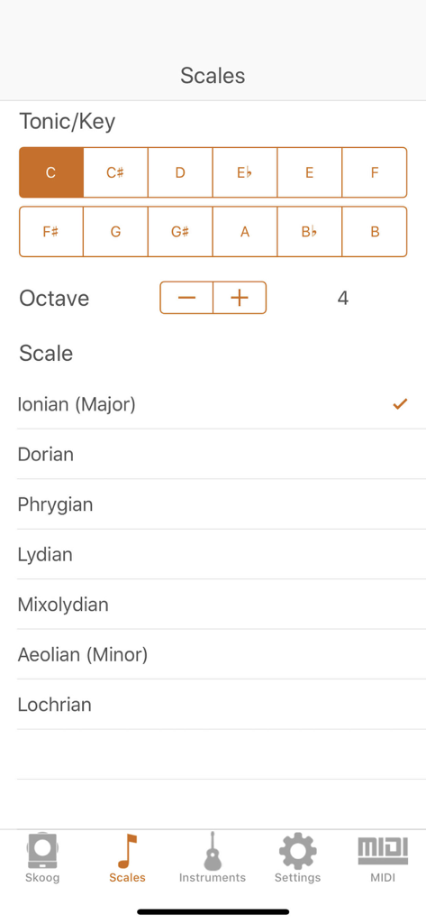 Skoog app interface for selecting musical scales and keys
