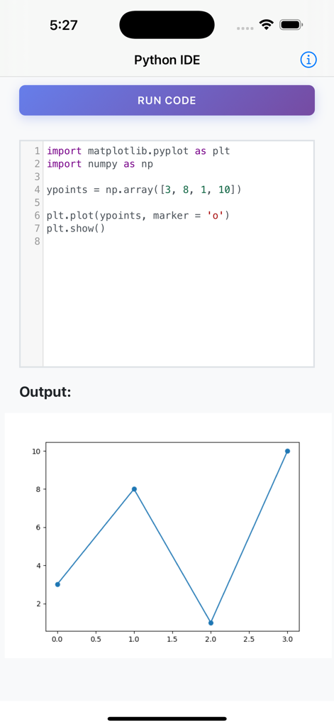 Python IDE - Python code editor with a data visualization plot outputting a line graph on a mobile interface