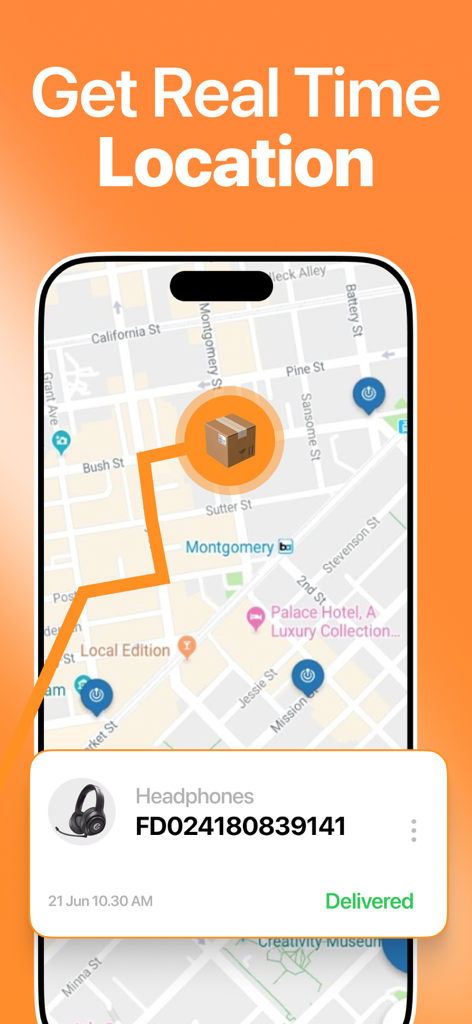 Package Tracker & Track Parcel - Interface do aplicativo móvel mostrando a localização de um pacote em tempo real em um mapa com uma notificação de status entregue.