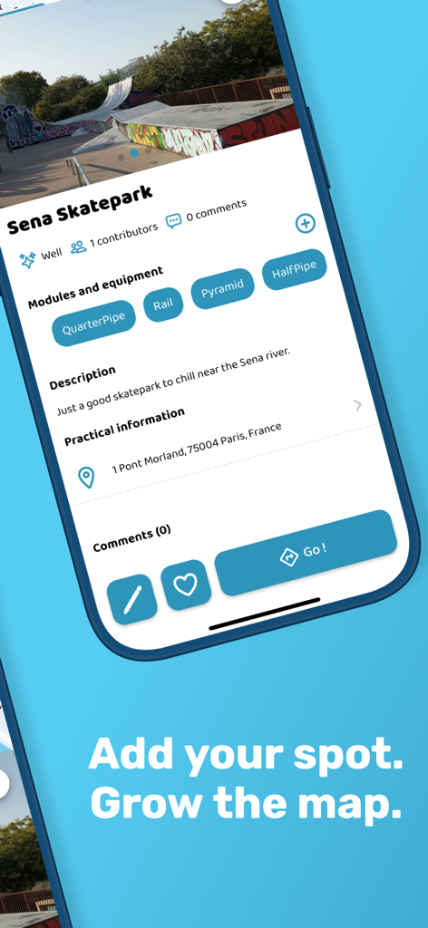 Smap app interface displaying detailed information about a skatepark including modules location and community feedback
