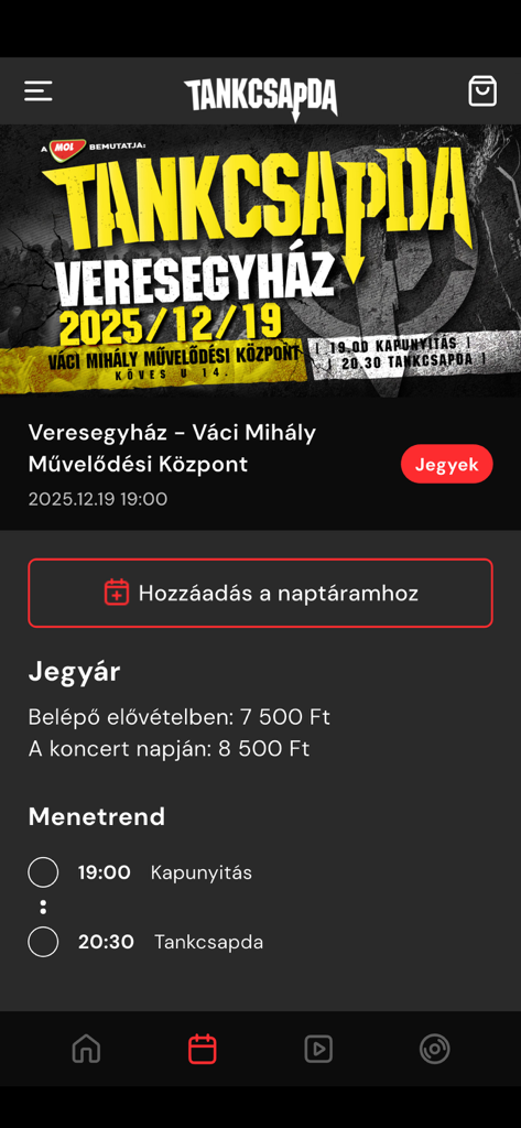 Tankcsapda app concert event screen showing ticket prices and schedule for a live performance in Veresegyház.