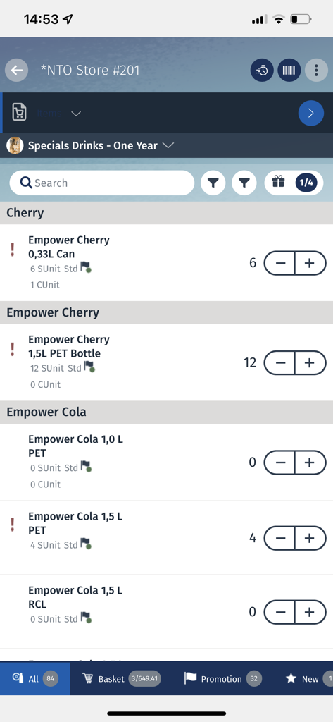 Consumer Goods Cloud - Interface do aplicativo móvel exibindo uma lista de produtos para gerenciamento de pedidos, com itens de bebidas e botões de ajuste de quantidade