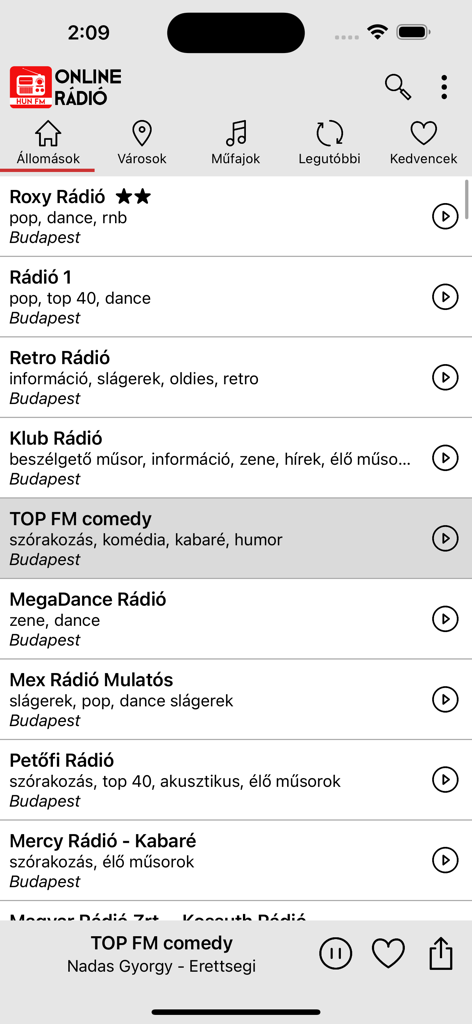 Online Rádió - Interface do aplicativo Rádio Online exibindo uma lista de estações de rádio húngaras ao vivo