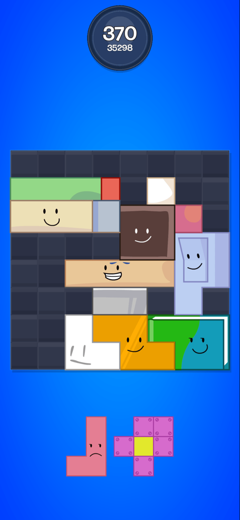 Gameplay of BFDI Blast showing character blocks on a puzzle grid