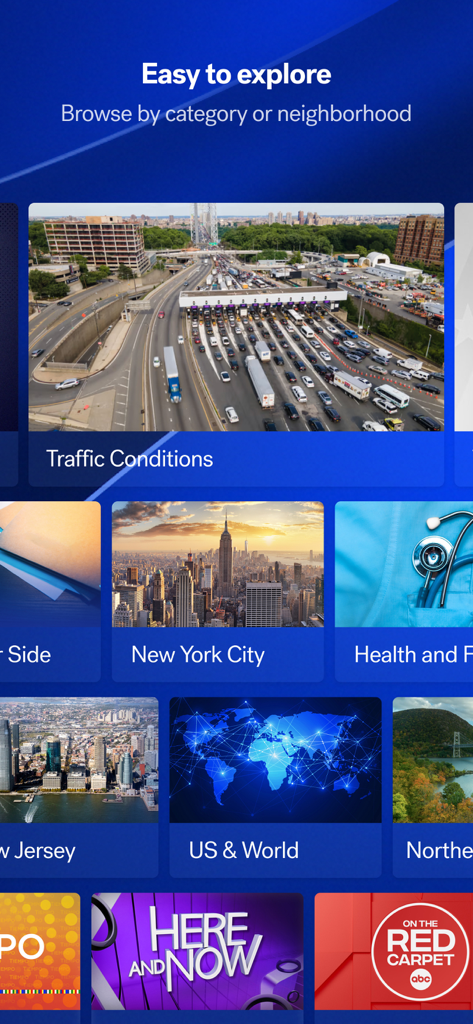 ABC 7 New York - ABC 7 New York app explore screen showing news categories including traffic conditions and local neighborhood news