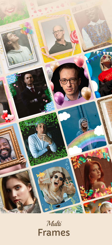 Photo frames collection app - A collection of diverse photo frames and templates for portraits including holiday birthday and romantic themes
