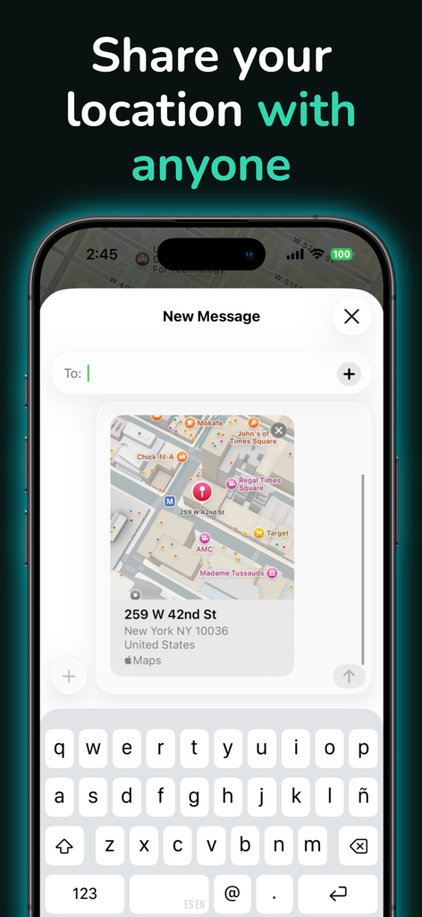 A mobile phone screen showing an authentic map preview of a New York address being shared in a new message window.