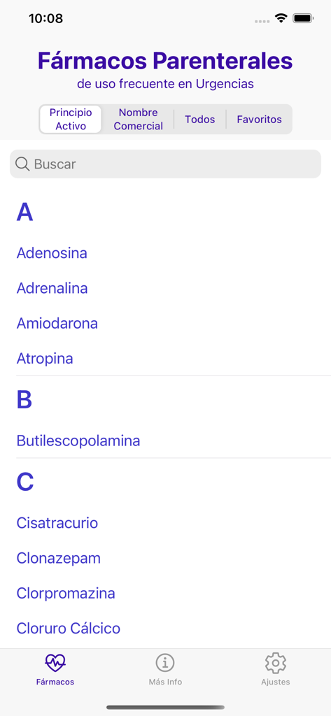 Liste alphabétique des médicaments parentéraux dans une application clinique mobile.