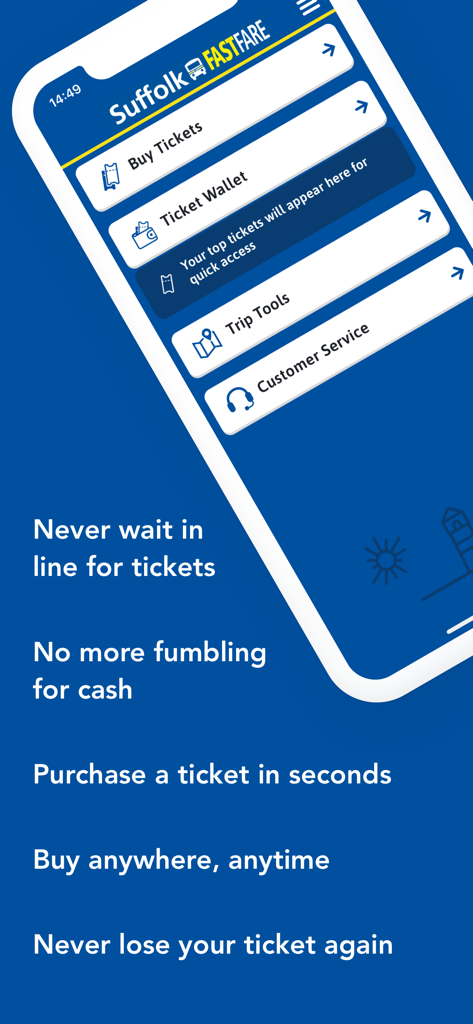 Suffolk FastFare - Suffolk FastFare app interface on a smartphone showing options to buy bus tickets and access the ticket wallet