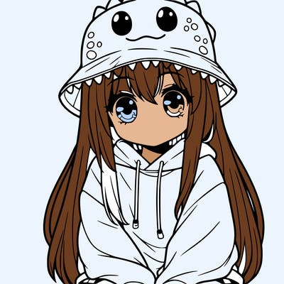 girl with anime shaped eyes with a dinosaur bucket hat oversized sweatshirt long straight hair