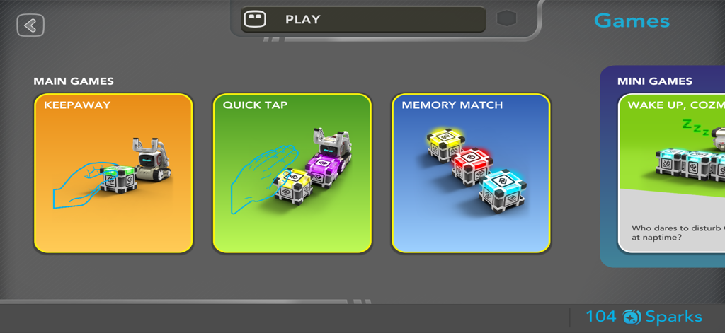 Cozmo Robot - Menu of games in the Cozmo Robot app including Keepaway and Memory Match