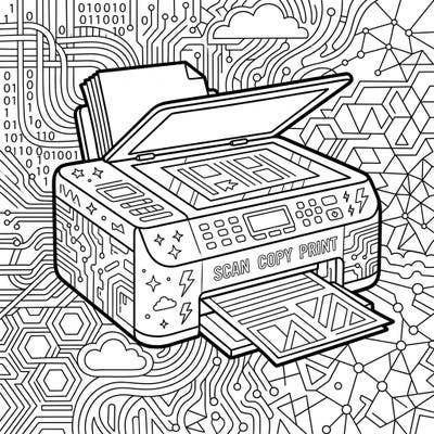 Discover the fascinating details of an all-in-one printer and its digital world with this engaging coloring page. Perfect for teens who love technology and intricate designs, offering a unique blend of creativity and modern life.
