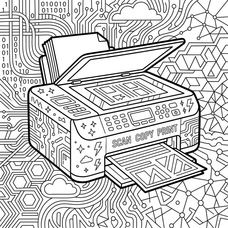 Discover the fascinating details of an all-in-one printer and its digital world with this engaging coloring page. Perfect for teens who love technology and intricate designs, offering a unique blend of creativity and modern life.