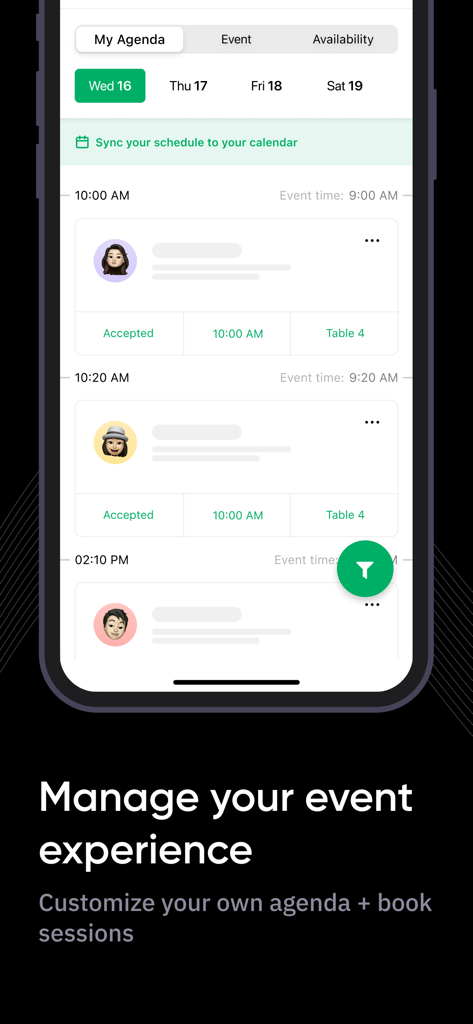 Brella.io - Interface of the Brella app showing a personalized event agenda with scheduled meetings and session times.