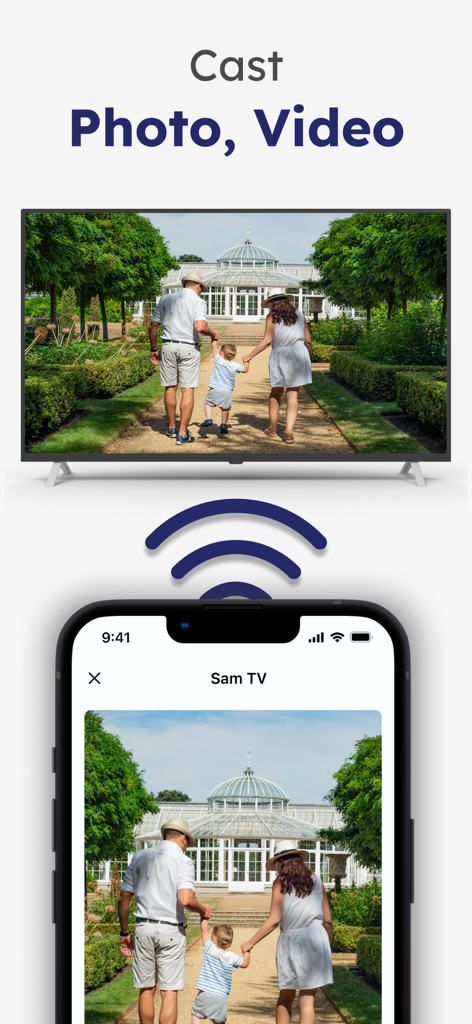 Sam TV Remote Control - An iPhone screen casting a family photo to a Samsung Smart TV