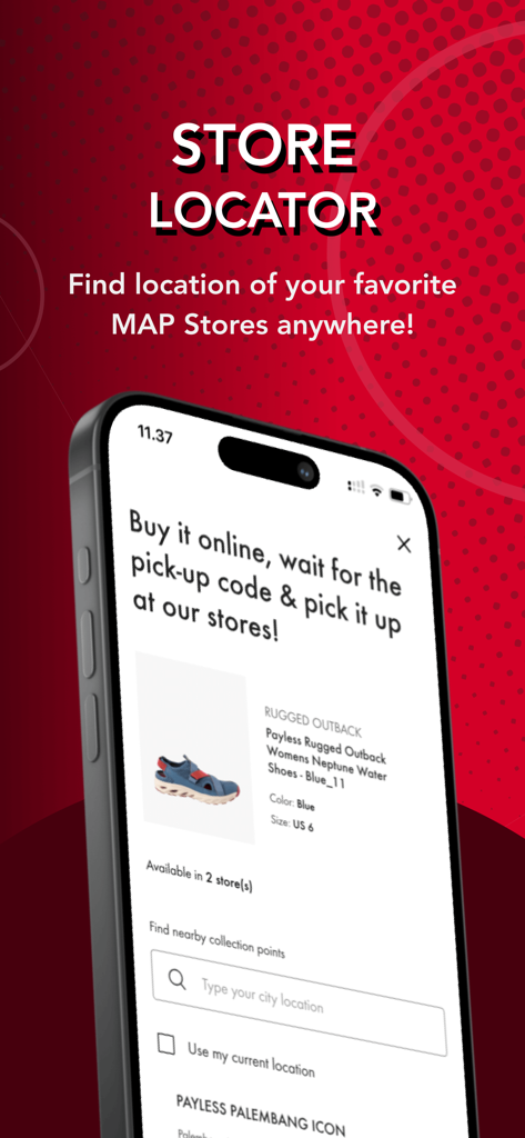 MAPCLUB - MAPCLUB app screen showing store locator and pay and pick in-store pickup features