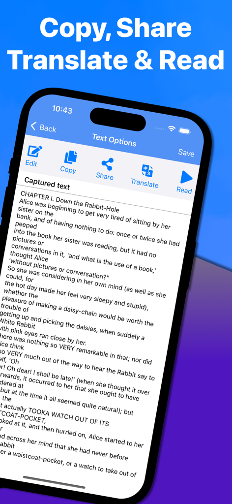 Text Capture app interface showing options to edit copy share translate and read scanned book text on an iPhone