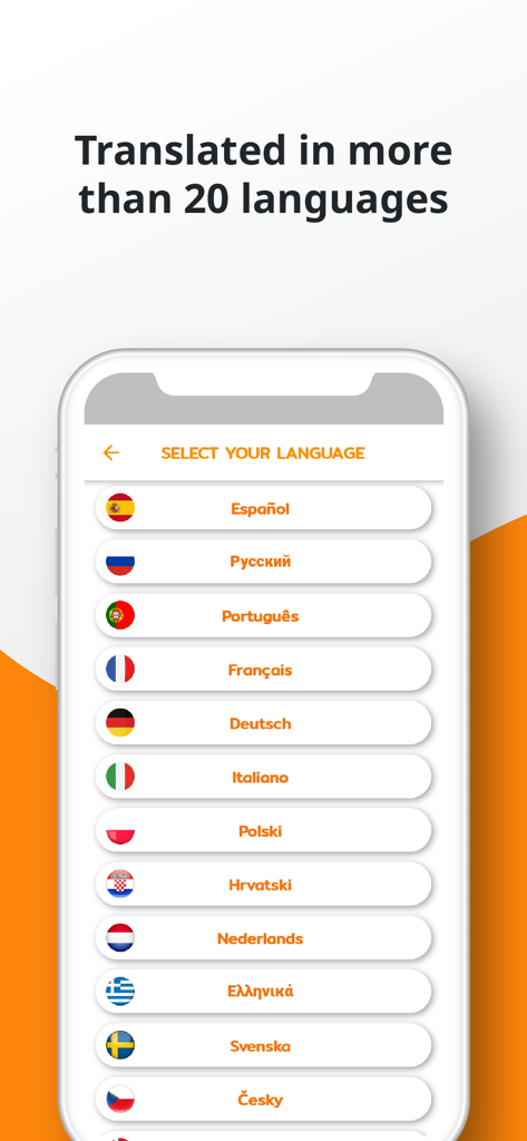 Pantalla de selección de idioma de la aplicación PORO English Vocabulary que muestra una lista de más de 20 idiomas disponibles con banderas.
