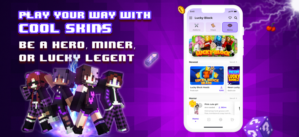 Lucky Block for Minecraft - A menu in the Lucky Block for Minecraft app displaying various custom character skins and avatars