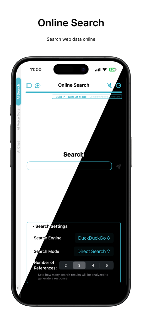 On-Device AI: TTS, STT & Chat - Oberfläche der On-Device AI App, die Online-Suchfunktionen und Datenschutzeinstellungen mit DuckDuckGo-Integration zeigt