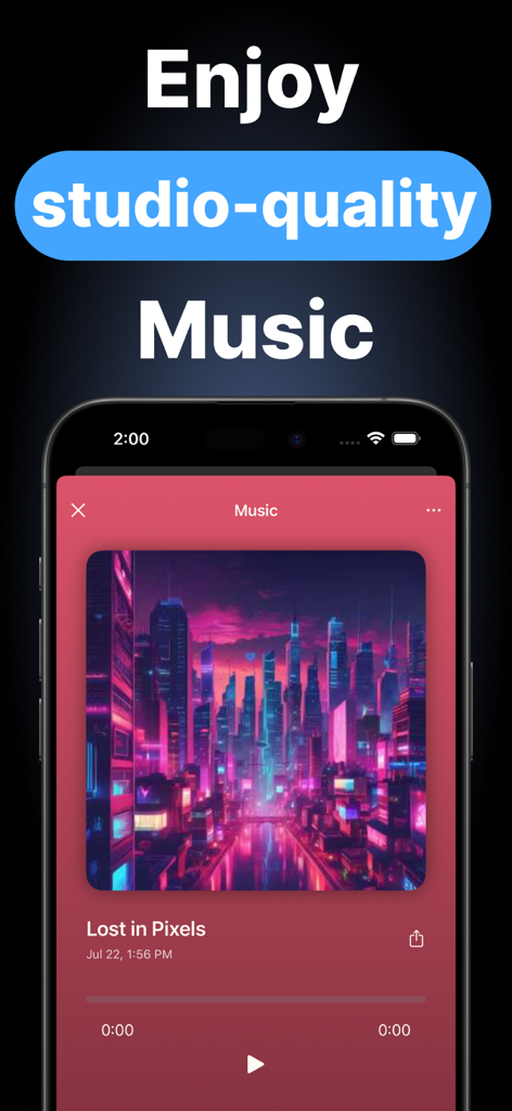 TuneLab AI: Song Generator - TuneLab AI app interface showing a studio quality song with a custom neon album cover