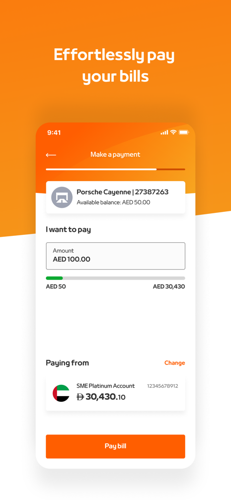 Interface do aplicativo móvel Mashreq Biz mostrando uma transação de pagamento de contas para uma conta de PME