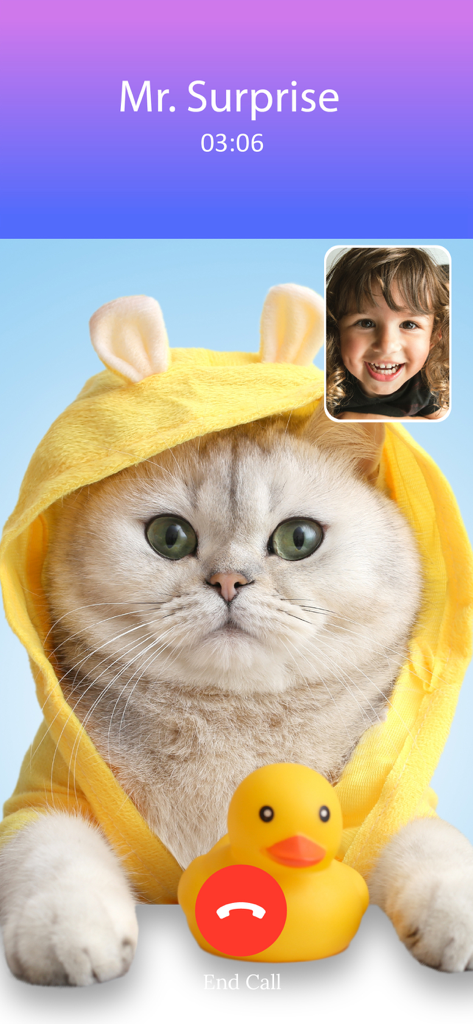Kitty Call: Play with Cats - Simulated video call screen featuring a fluffy cat in a yellow hood and a smiling child in the corner