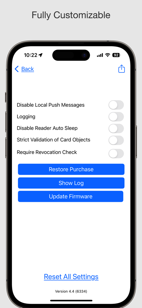 Settings screen of the Smart Card Utility app showing customizable options for smart card reader behavior and security validation