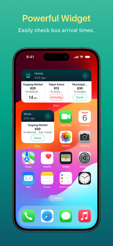 Bus plus app widget on an iPhone home screen displaying real-time bus arrival times for Taiwan transit.