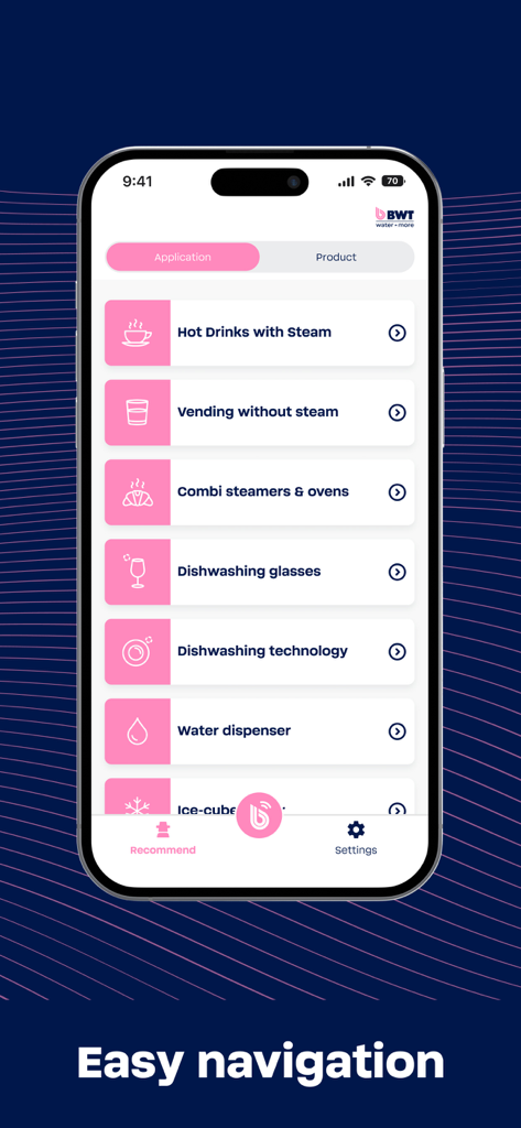 Interface do aplicativo BWT Best Water Professional exibindo várias categorias de aplicações de água comercial para fácil navegação