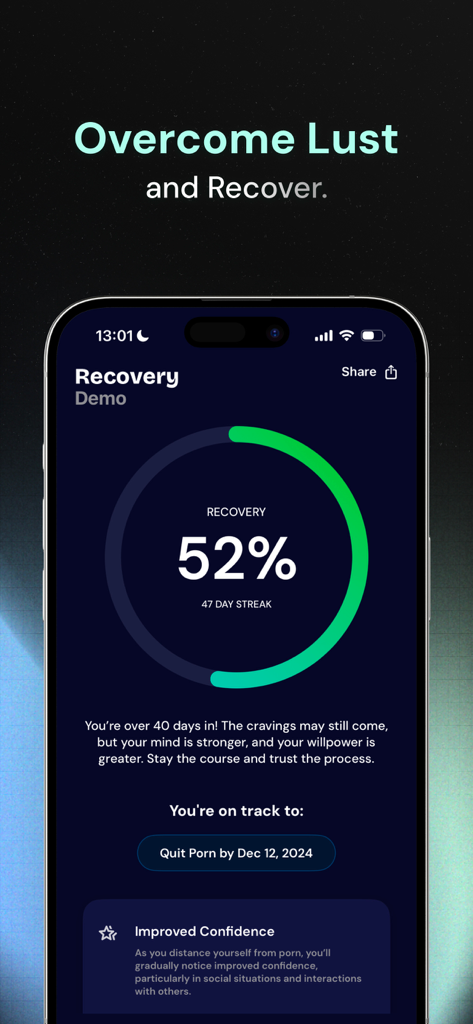 QUITTR app recovery dashboard showing a 52 percent progress and a 47 day streak