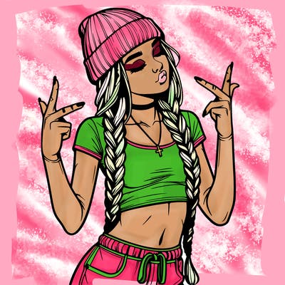realistic teenage girl with braids and a beanie and crop top doing 🫶🏼