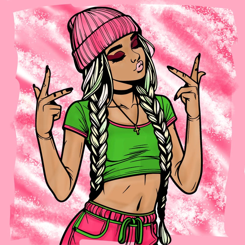 realistic teenage girl with braids and a beanie and crop top doing 🫶🏼