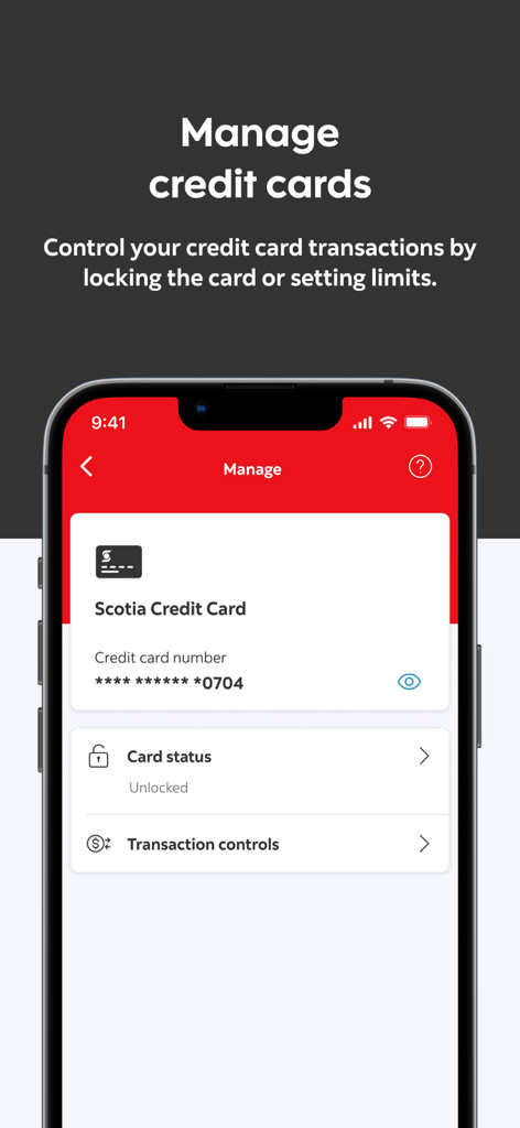 Scotia Caribbean - Interfaz de la aplicación móvil Scotia Caribbean para administrar tarjetas de crédito y bloquear transacciones