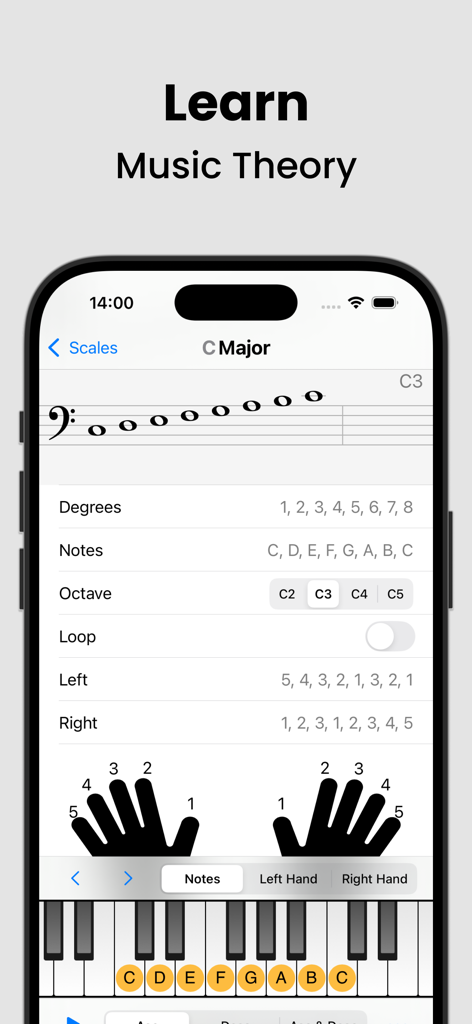 Piano Chords and Scales - Mobile app screen showing the C Major scale on a musical staff and piano keyboard with hand fingerings