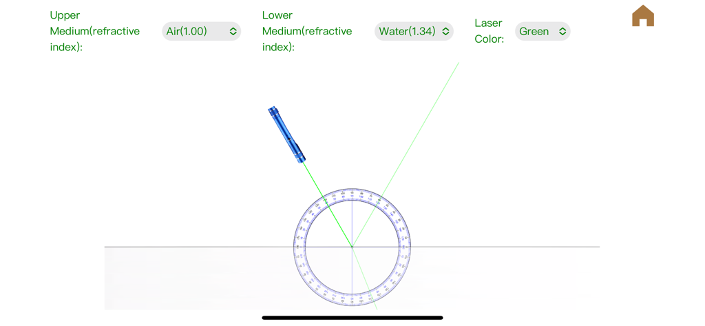 Phys. Lab - A physics simulation showing light reflection and refraction between air and water using a green laser and a protractor.