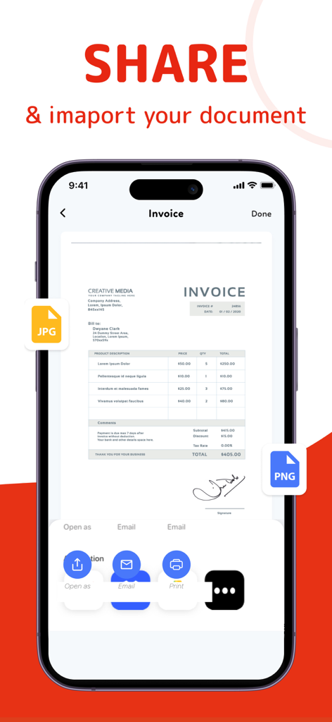 請求書をPDF、JPG、PNGとして共有およびインポートするオプションを表示するスマートフォンの画面