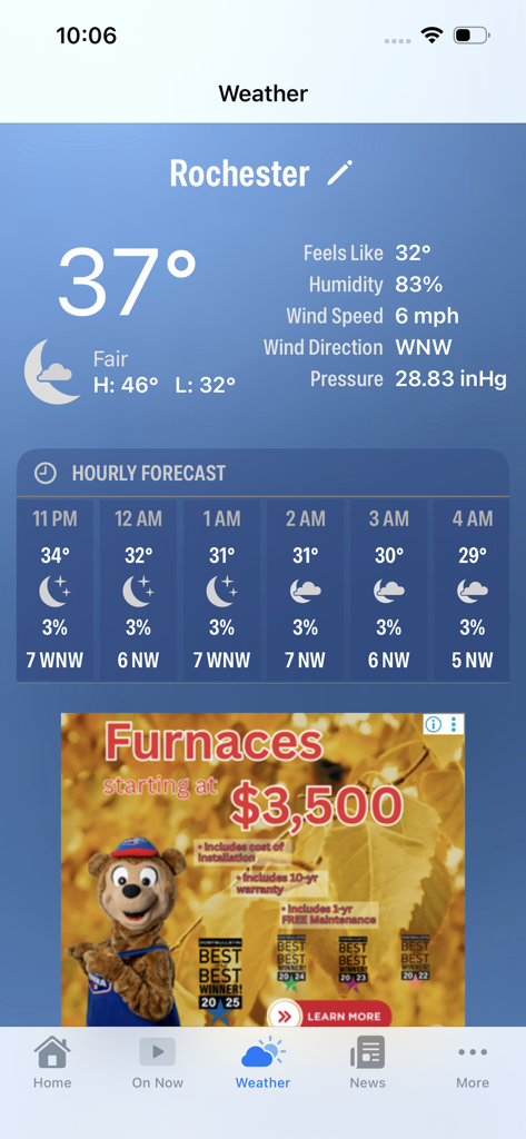 KAAL ABC 6 NEWS Minnesota Iowa - The weather section of the KAAL ABC 6 News app displaying the current conditions and hourly forecast for Rochester Minnesota