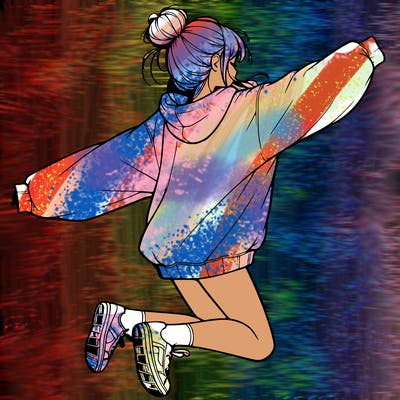 realistic girl jumping with a bun and oversized sweatshirt