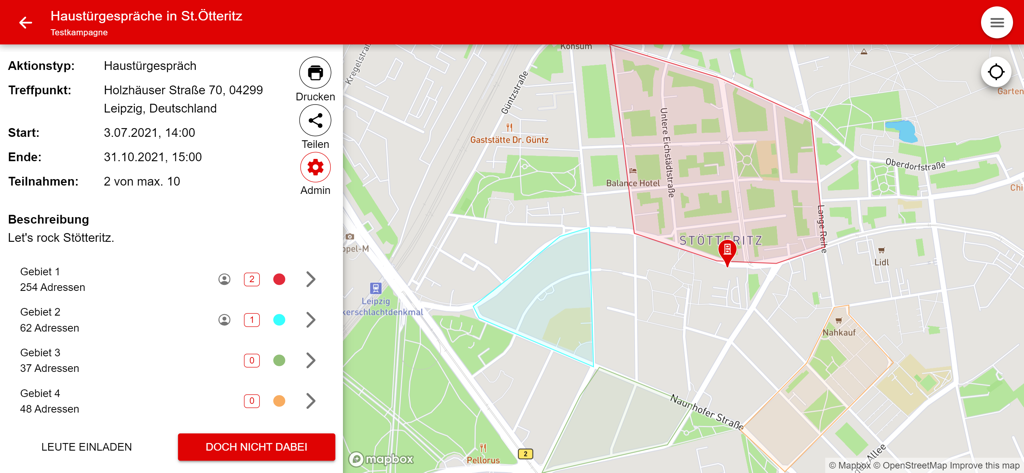 Aktivisti - A map interface in the Aktivisti app showing highlighted neighborhood zones for door-to-door canvassing.