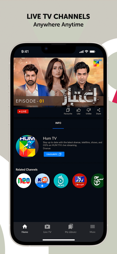 Tamasha: Live TV, Movie, Drama - Interfaccia dell'app Tamasha che mostra canali TV pakistani in diretta e streaming di drammi