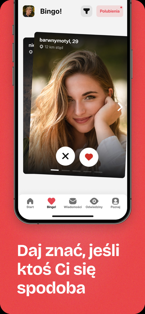 Sympatia - randki, flirt, czat - Fonctionnalité Bingo de l'application de rencontres Sympatia pour faire correspondre et glisser des célibataires polonais