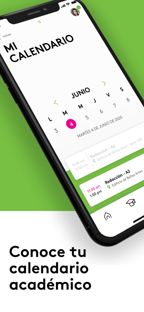 Areandina APP - Areandina app academic calendar interface showing a monthly view and daily class schedule details