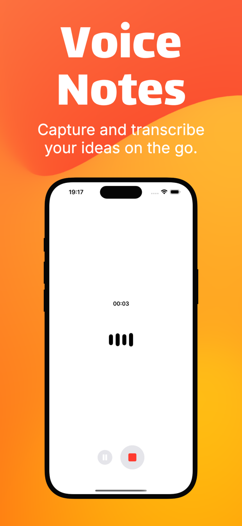 Sonic: Fast AI Transcriber - Interfaz de la aplicación Sonic AI Transcriber grabando una nota de voz con una visualización de forma de onda en vivo.