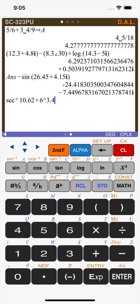 Calculator SC-323PU - Skeuomorphic interface of the SC-323PU scientific calculator showing complex math calculations