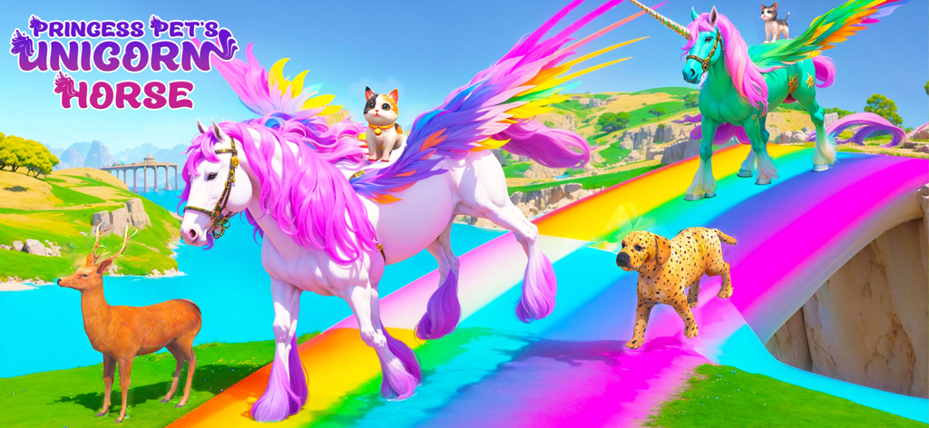 Princess Pet's Unicorn Horse - Unicornios alados de colores y mascotas en un camino mágico de arcoíris en un paisaje de fantasía